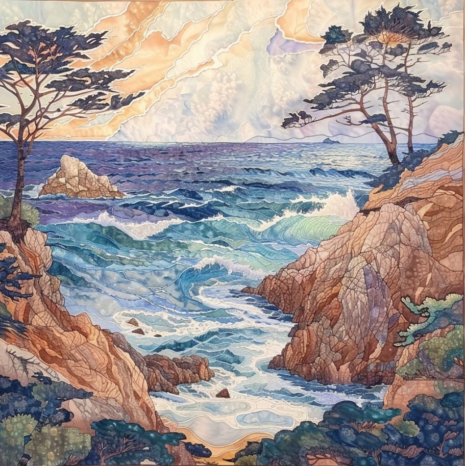 Trees on cliffs above a surging sea with a radiant sky.